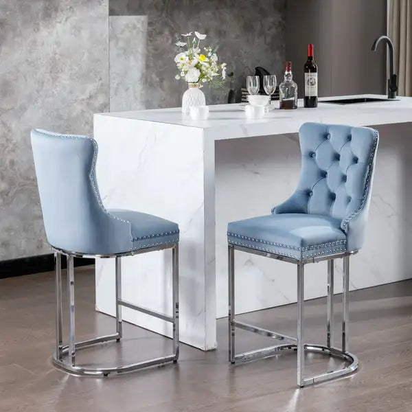 Modern Velvet Bar Stools Set of 2, Light Blue - Counter Height, Button Back & Rivet Trim, Chromed Metal Base - Minihomy