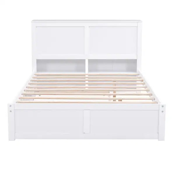 Full Size Platform Bed with Pull Out Shelves & Twin Trundle - White - Minihomy