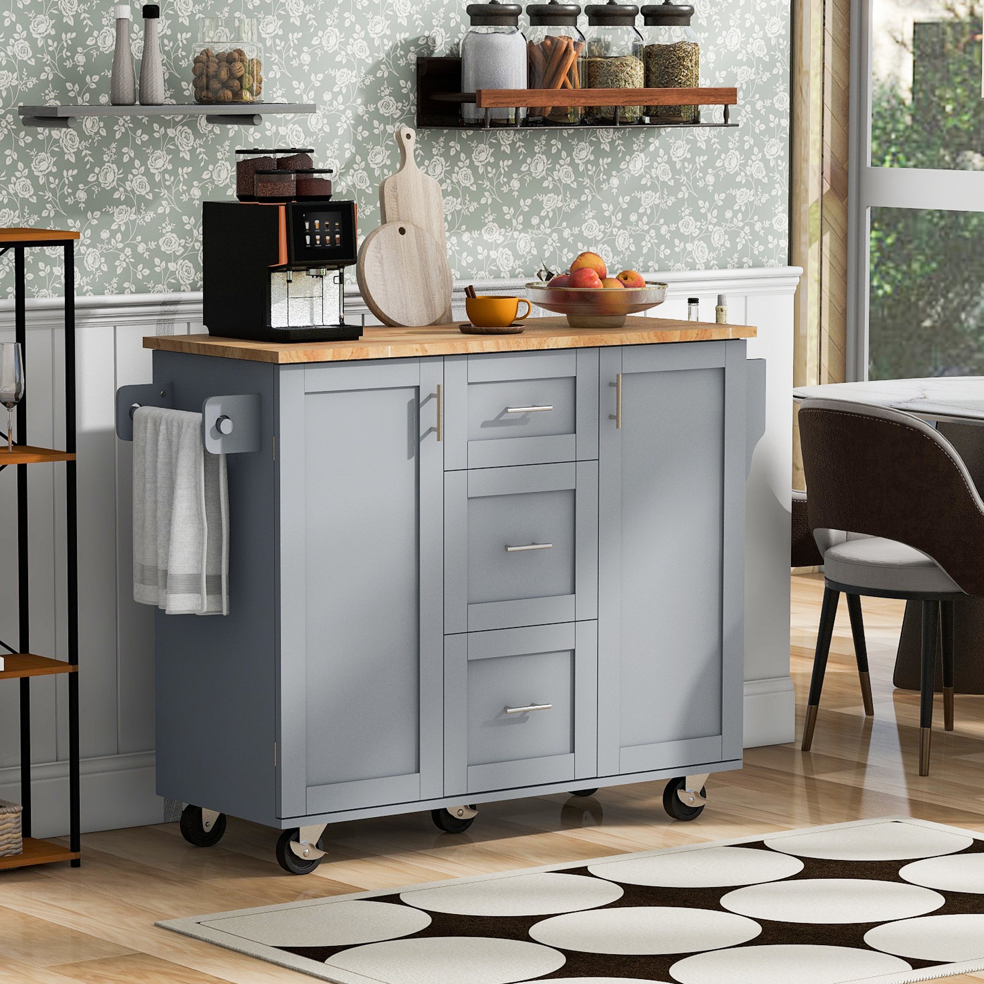 Rolling Kitchen Island with Storage, Grey Blue - Kitchen Cart with Wood Top, 3 Drawers, Shelves & Spice Rack