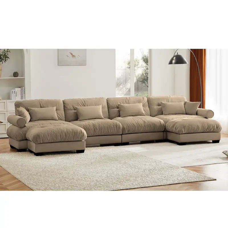 Camel Velvet U-Shaped Sectional Sofa with Ottomans & Pillows