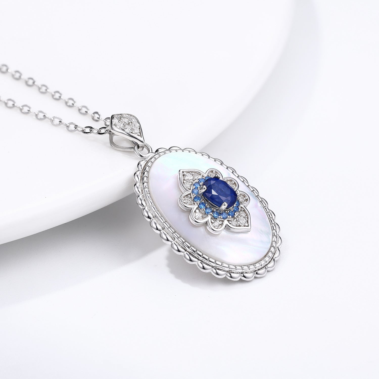Sapphire Diamond Pendant - 925 Sterling Silver Chain Necklace for Women