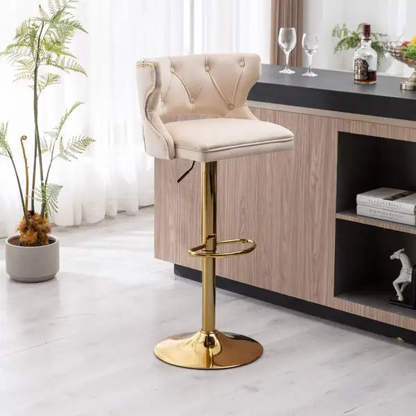 Beige Velvet Bar Stools with Back & Footrest - 2-Piece Set - Counter Height - Minihomy