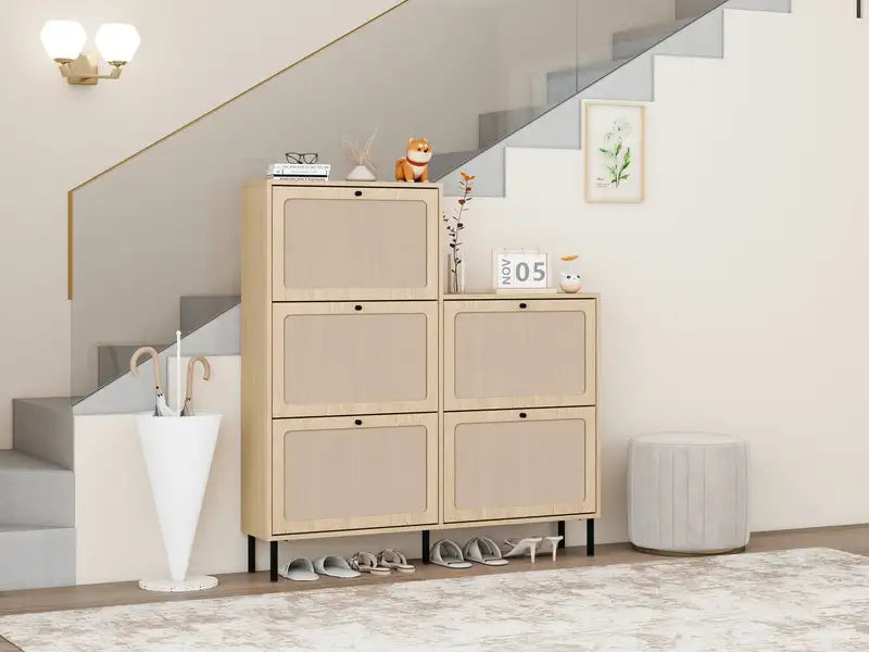 Modern Rattan 5-Door Shoe Cabinet - Entryway Storage