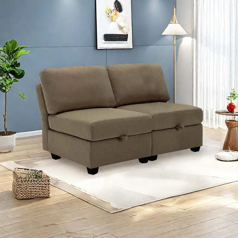 Modern Brown Fabric Sofa with Storage - 2-Seater Couch