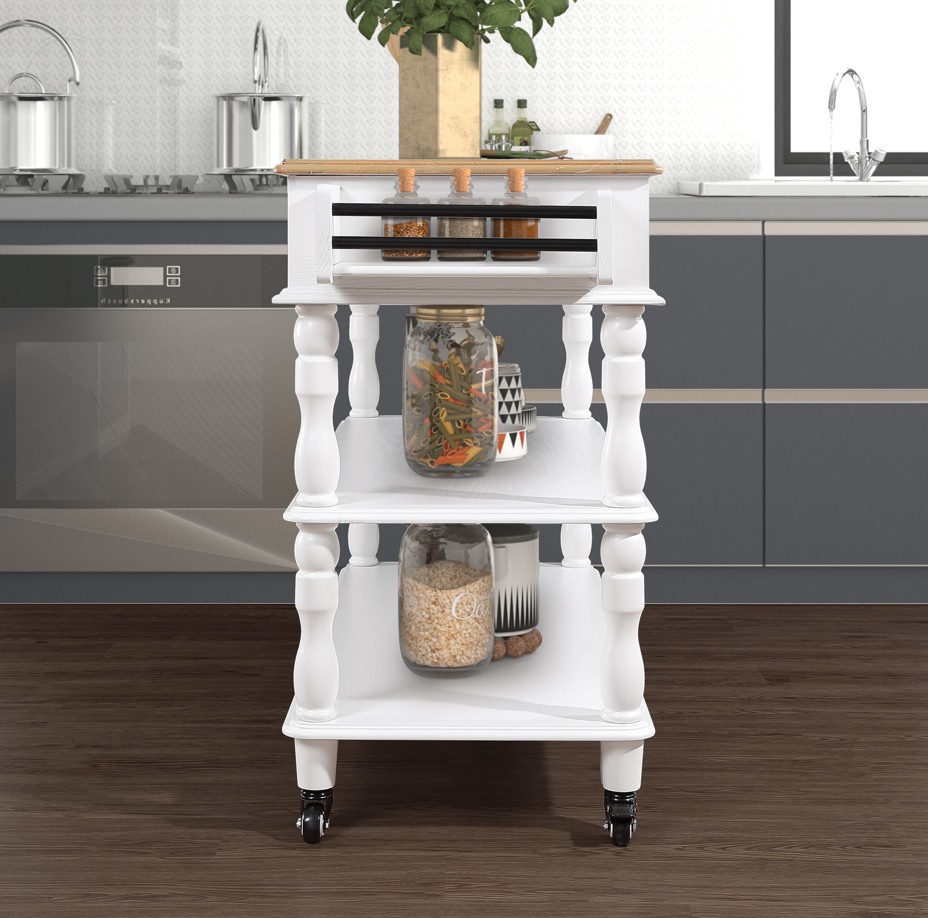 56 Inch Rolling Kitchen Island with Storage | Solid Oak Top | Wine & Spice Rack | 2 Drawers | White & Natural