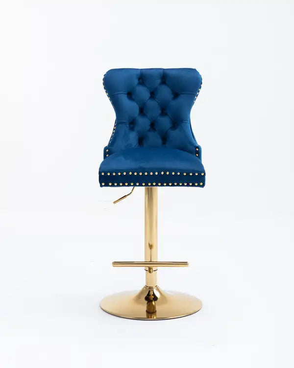 2-Piece Velvet Bar Stools Set | Adjustable Counter Height, Tufted Back, Blue & Gold - Minihomy