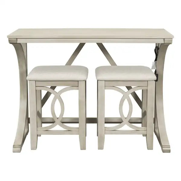 Farmhouse 3-Piece Counter Height Dining Set with USB Port & Upholstered Stools, Cream - Minihomy