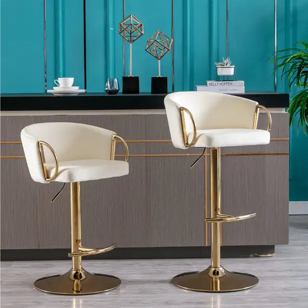 Swivel Bar Stools Set of 2 - Adjustable Height, Velvet Upholstery, Chrome Base, Ivory