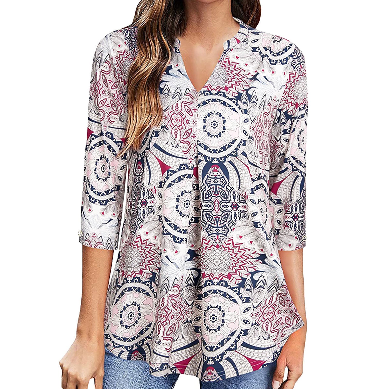 Flowers Print Tops V Neck Long Sleeve Flowers Print Shirt Women Blouse