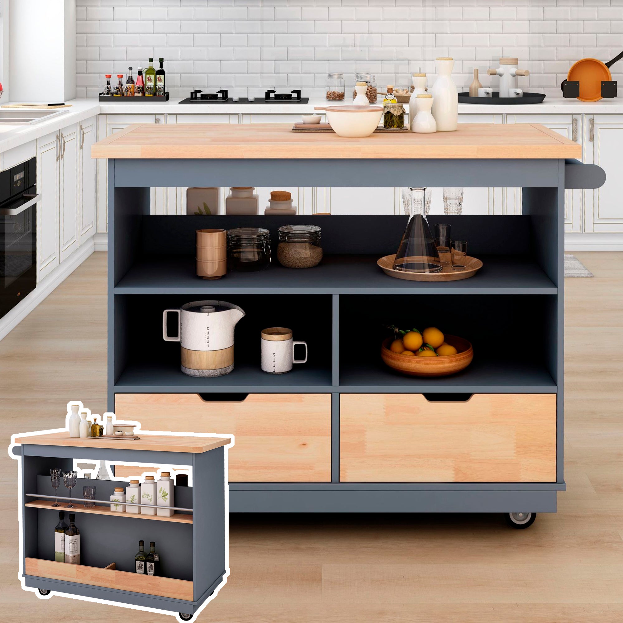 Rolling Kitchen Island with Storage, 2-Sided Cart, Wine & Spice Rack, 2 Drawers, 3 Compartments, Grey Blue