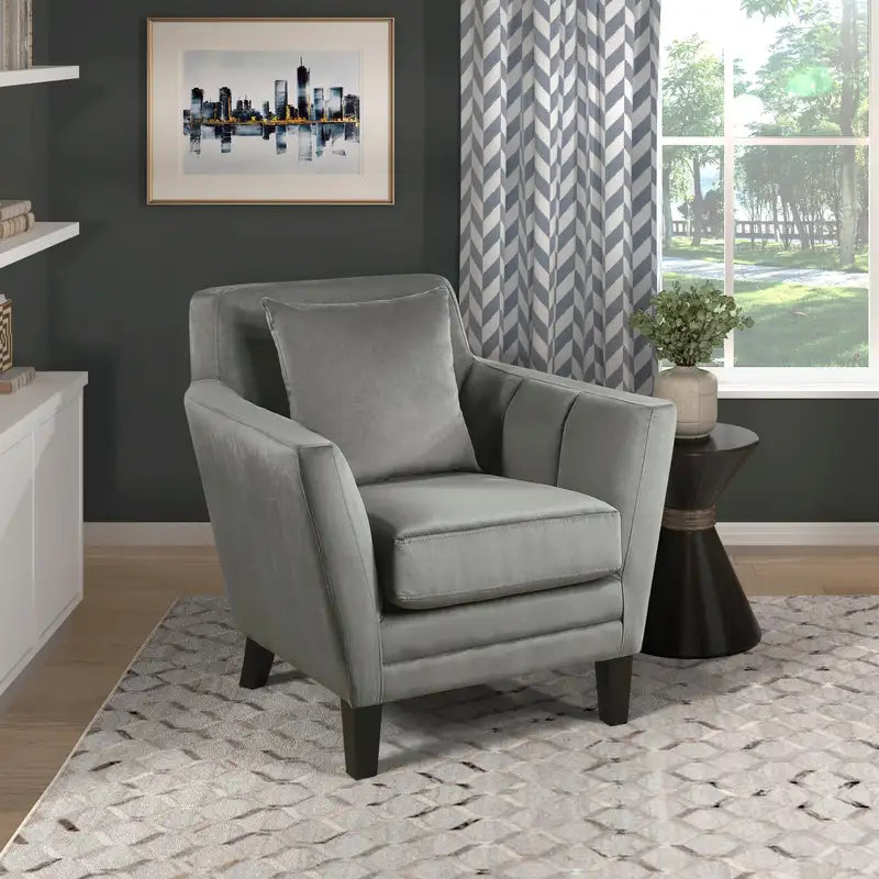 Gray Velvet Accent Chair with Pillow - Modern Living Room Furniture