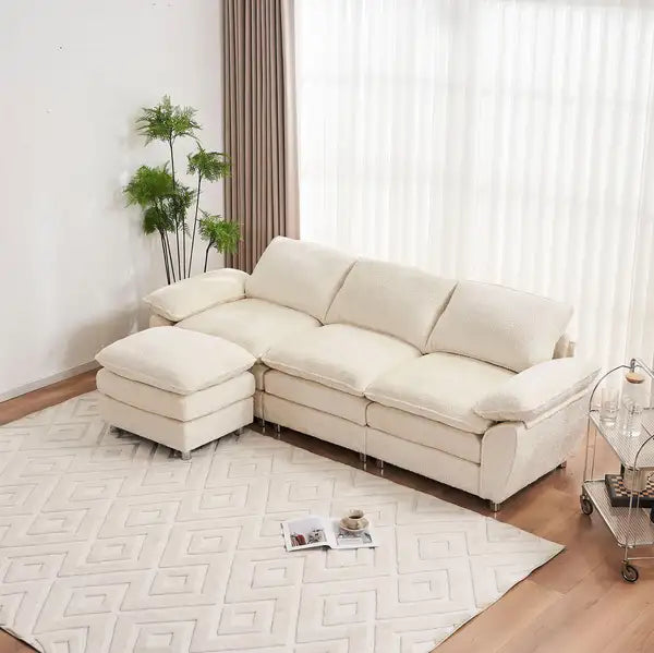 Beige 3-Seat Sofa Sleeper with Ottoman - Modern Living Room Couch