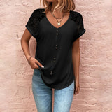 V-neck Top With Button Casual Summer Short Sleeve Pullover Shirt