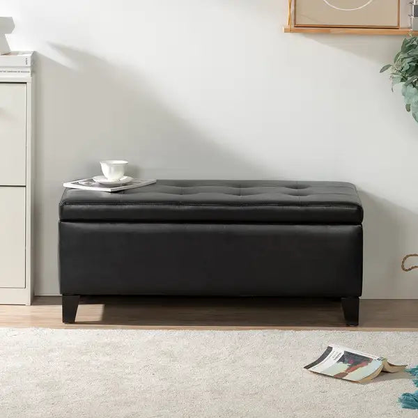 Black Faux Leather Storage Ottoman with Wooden Legs - 38.4"