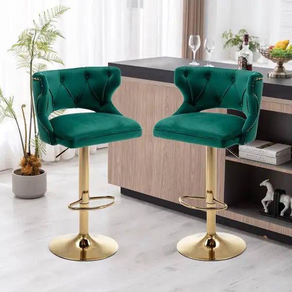 Velvet Green Bar Stools with Back & Footrest - Counter Height Dining Chairs (Set of 2)