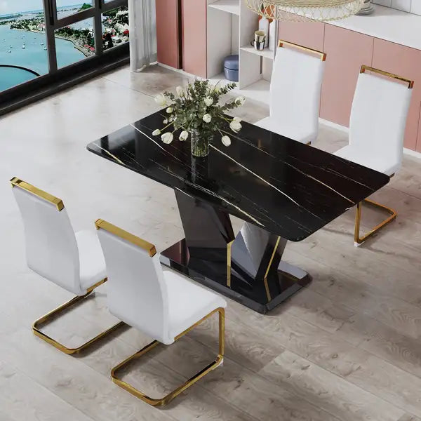 Modern Dining Table & Chair Set - Black Marble Glass Top, Comfortable PU Seats - Minihomy