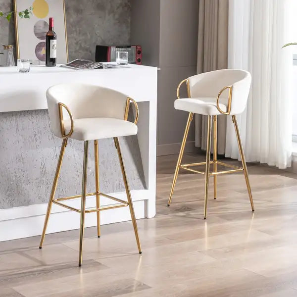 26 Inch Velvet Bar Stools Set of 2, Chrome Base & Footrest, Golden Legs, Cream - Minihomy