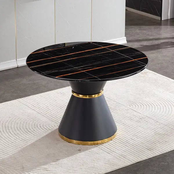 Black Marble Round Dining Table with Gold Annulus Base (No Chairs)