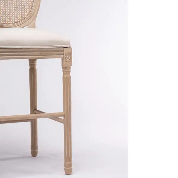 French Country Barstools Set of 2 - Rattan Back, Upholstered Beige Seat, Natural Wood - Minihomy