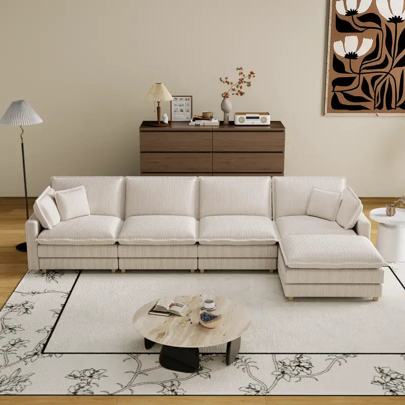 Beige Modular Sectional Sofa with 4 Pillows - L-Shaped Couch