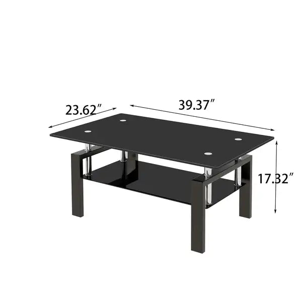 Black Tempered Glass Coffee Table with 2-Tier Storage