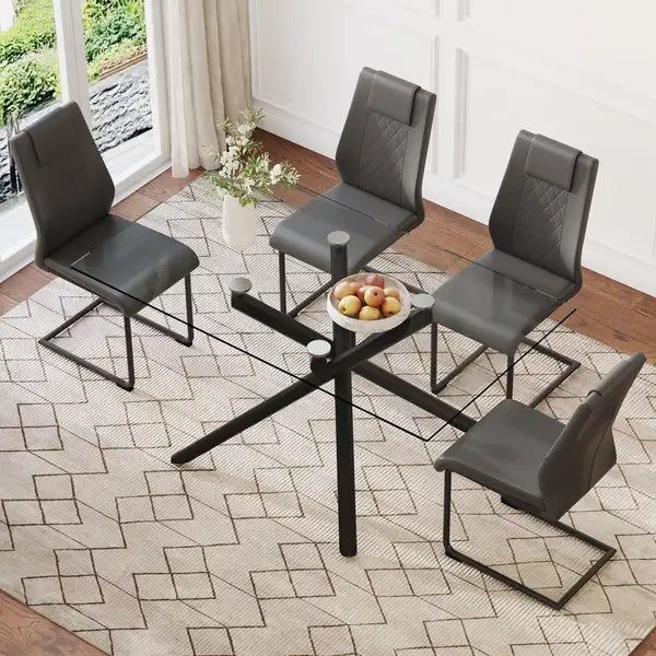 Modern Glass Dining Table Set with Chairs - Black Metal Frame, PU Cushions