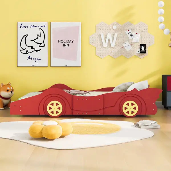 Twin Race Car Bed with Wheels - Red Platform Bed for Kids - Toddler & Kids Bedroom Furniture