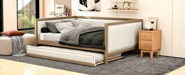 Full Size Upholstered Daybed with Trundle & Nailhead Trim - Wood Finish - Minihomy