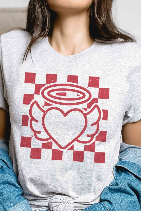 Plus Size - Checkered Angel Heart Graphic T-Shirt