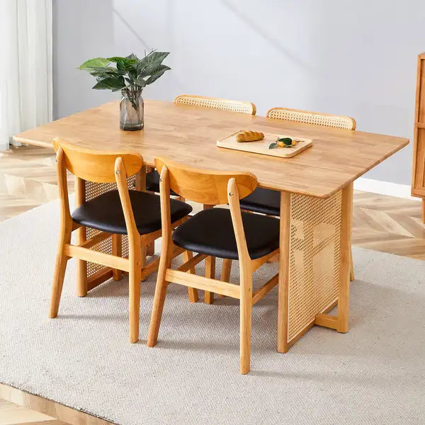 Solid Wood Dining Table & Chair Set - Ancient Style, Imitation Rattan Legs, Home & Office Decoration