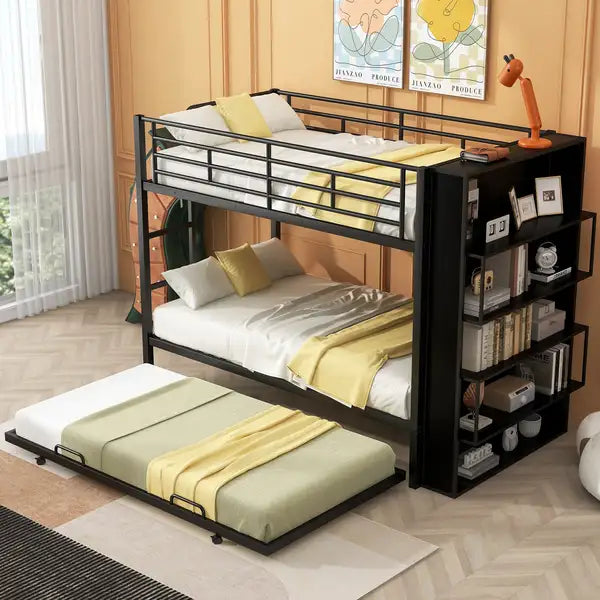 Black Metal Twin Bunk Bed with Large Bookshelf