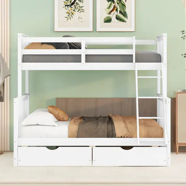 Twin Over Full Bunk Bed with Ladders & Storage Drawers - White