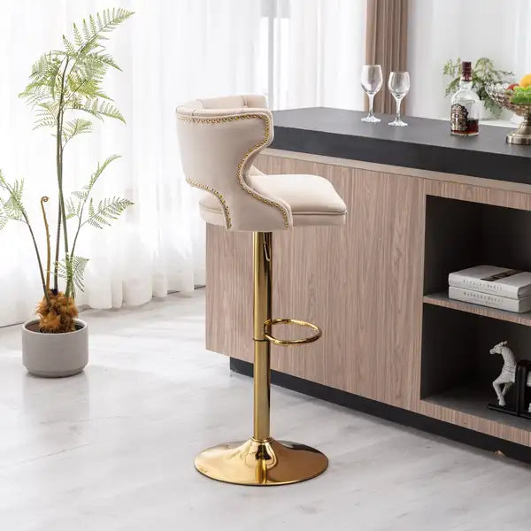 Beige Velvet Bar Stools with Back & Footrest - 2-Piece Set - Counter Height - Minihomy