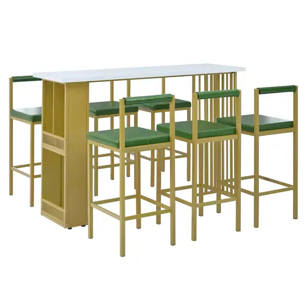 7-Piece Counter Height Dining Set with Upholstered Stools - White & Green - TREXM - Minihomy