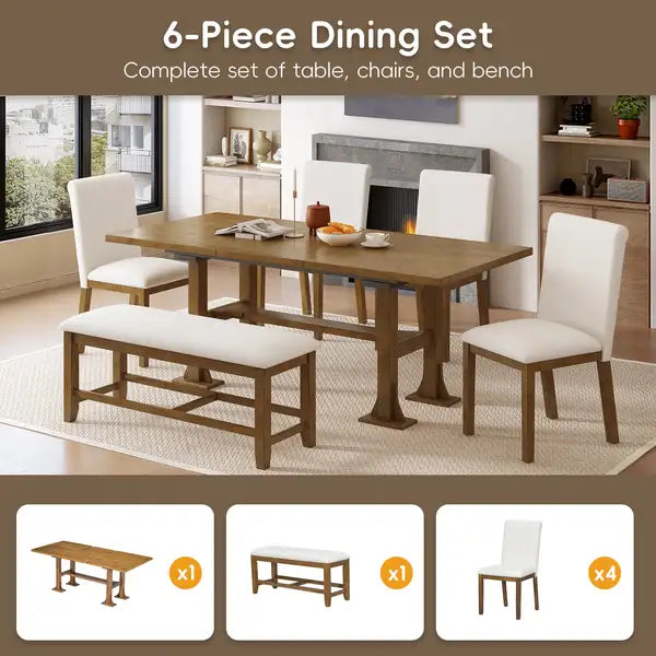 Farmhouse 76" Extendable Dining Table Set with Chairs & Bench - Dark Brown - Minihomy