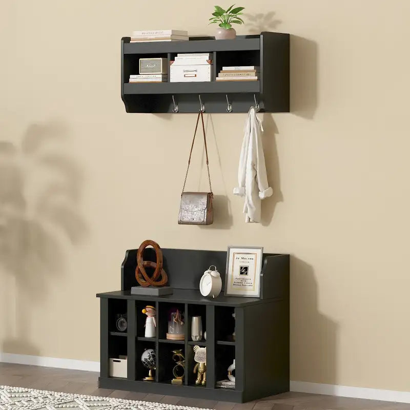 Black Shoe Storage Bench with Shelves & Hooks - Entryway Organizer