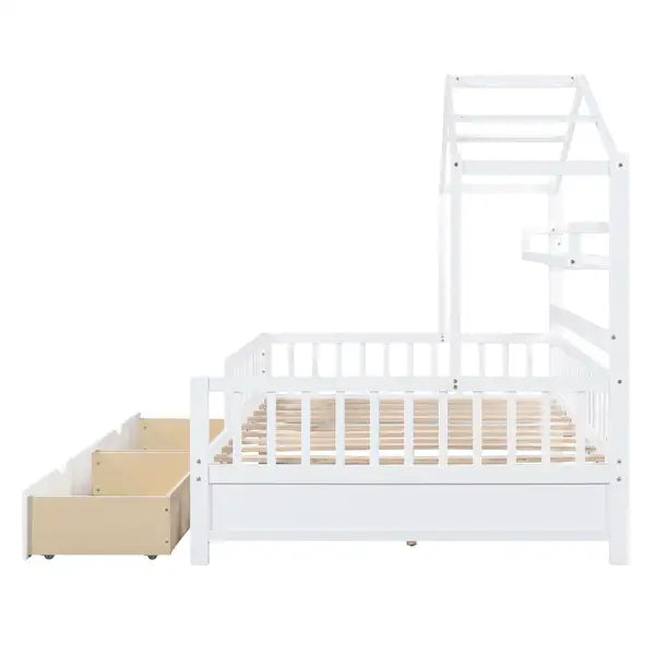 Full Size Wooden House Bed with Storage - White - Kids Bed with 2 Drawers - Minihomy