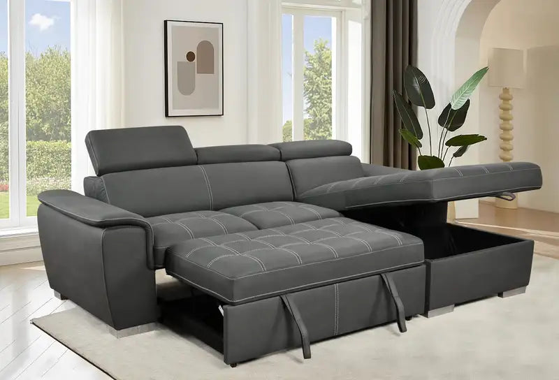 97" Gray Convertible Sectional Sofa with Storage & Pull-Out Bed