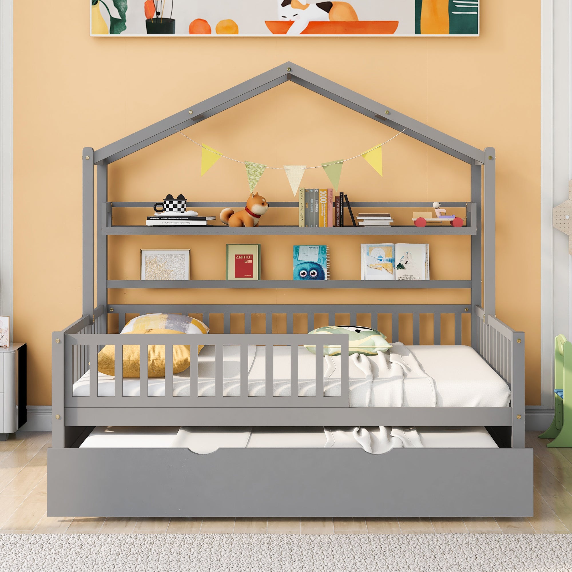 Full Size Wooden House Bed with Twin Trundle & Shelf - Gray Kids Bed