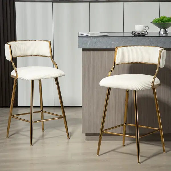 Beige Corduroy Counter Height Bar Stools (Set of 2) - Gold Base, Back & Footrest - Minihomy