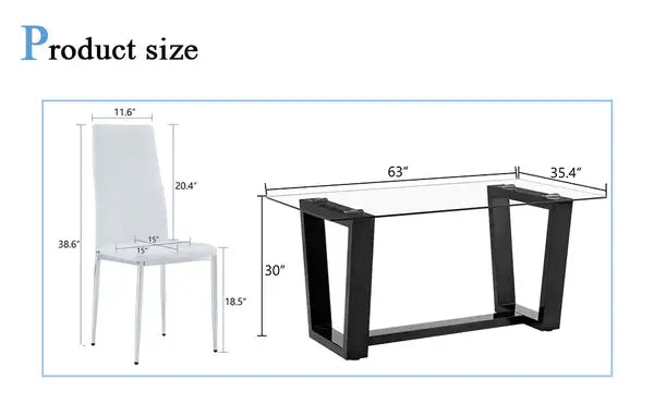 Black Dining Table and Chair Set - Tempered Glass Top, Checkered PU Chairs - Minihomy