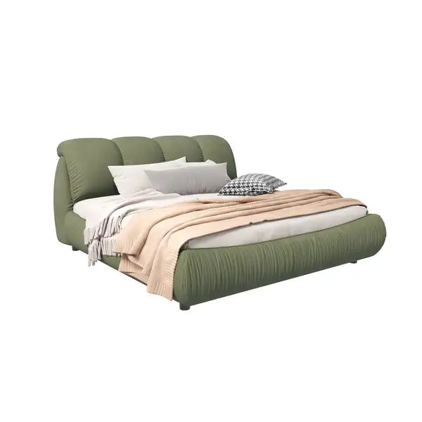 King Size Upholstered Platform Bed with Oversized Padded Backrest - Green - Minihomy