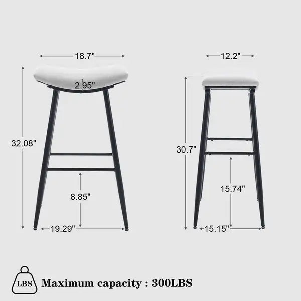 Counter Height Bar Stools Set of 2 - Linen Upholstered with Footrest, Beige Gray & Pale Blue - Minihomy