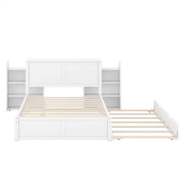 Full Size Platform Bed with Pull Out Shelves & Twin Trundle - White - Minihomy