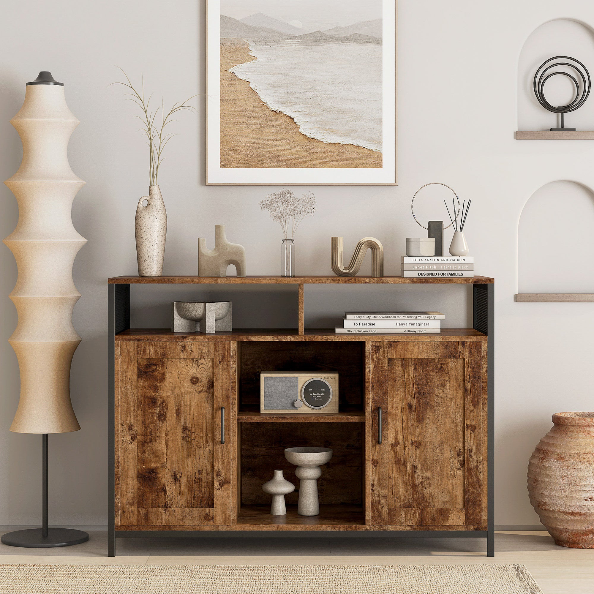 Industrial Sideboard with Open Shelves - Rustic Brown Storage Cabinet for Kitchen, Dining Room, Living Room - 43.7x15.74x31.5 Inches