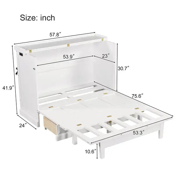 Pine Murphy Bed with Charging Station, Storage & Cube Cabinet - Full, White - Minihomy