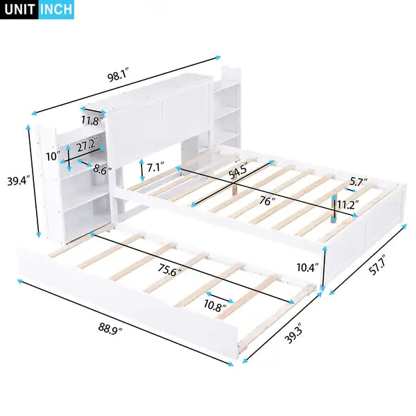 Full Size Platform Bed with Pull Out Shelves & Twin Trundle - White - Minihomy