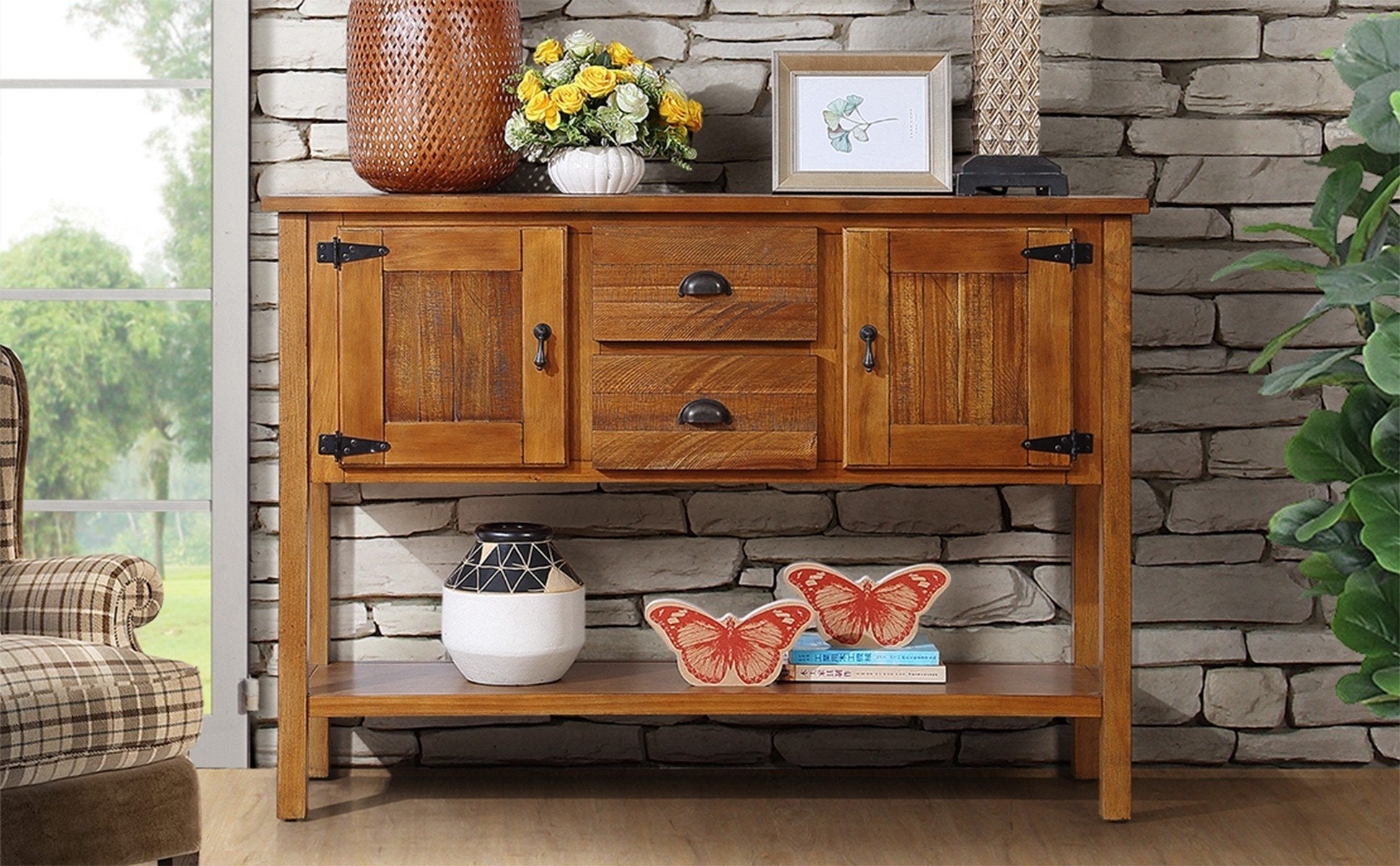 48" Solid Wood Sideboard Console Table with Storage - Retro Style Buffet Server Cabinet for Living Room, Kitchen & Dining Room (Brown)