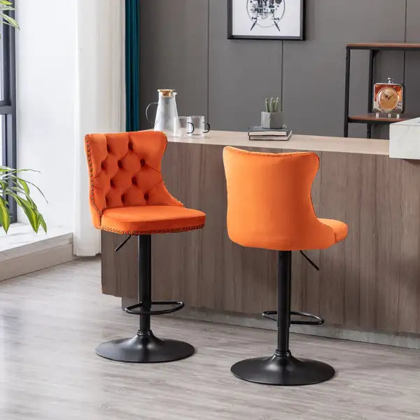 Orange Velvet Bar Stools Set of 2 - Adjustable Height, Tufted Back, Modern Kitchen Island Barstools - Minihomy