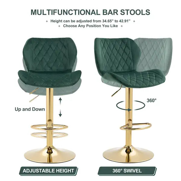 Green Velvet Bar Stools Set of 2 - Adjustable Swivel Counter Height with Gold Base - Minihomy